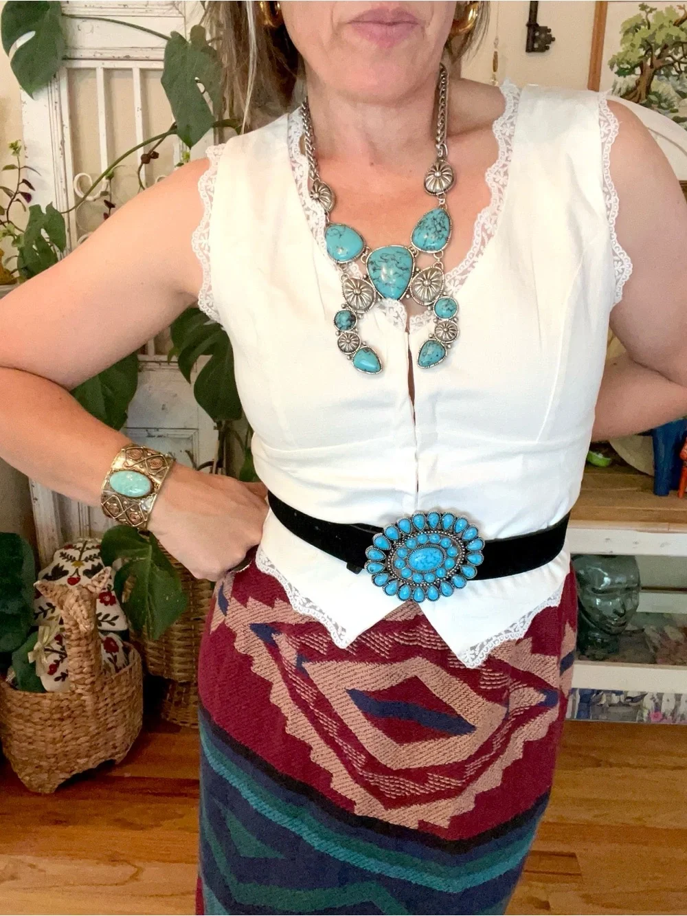 New! Western Boho Faux Turquoise Concho Buckle Black Belt